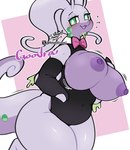 anthro areola arm_warmers armwear big_breasts bouncing_breasts bow_tie breasts clothing curvy_figure exposed_breasts female generation_6_pokemon goodra green_eyes hi_res huge_breasts leotard nintendo nipples pokemon pokemon_(species) purple_areola purple_body purple_nipples smile snow_angel_(artist) solo thick_thighs voluptuous_anthro voluptuous_female wide_hips