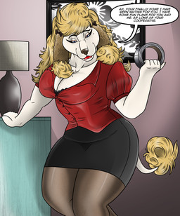 anthro bottomwear clothed clothing duct_tape female fully_clothed legwear panties skirt smile smiling_at_viewer solo speech_bubble stockings stubble suit tape text underwear upskirt lovemummification bianca_(chemicalinfantry) canid canine canis domestic_dog mammal poodle english_text hi_res