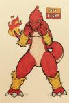1_horn 2016 3_toes ambiguous_gender angry anthro bandage biped charmeleon claws countershade_tail countershade_torso countershading english_text facial_markings fakemon featureless_crotch feet fighting_pose fire firefightdex fist flaming_tail front_view frown full-length_portrait generation_1_pokemon half-closed_eyes hatching_(art) head_markings hi_res horn humanoid_hands long_tail marco_fanjul markings mostly_nude multicolored_body multicolored_skin narrowed_eyes nintendo orange_markings pen_(artwork) pokemon pokemon_(species) portrait pose raised_arm red_body red_horn red_skin red_tail reptile scalie shaded shadow simple_background solo tail text toe_claws toes toony traditional_media_(artwork) two_tone_body two_tone_skin two_tone_tail white_background white_body white_claws white_countershading white_skin white_tail