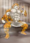5_fingers abs anthro biceps felid fingers hi_res male mammal muscular muscular_anthro muscular_male open_mouth pantherine pecs pink_nose pubes sauna solo spread_legs spreading steam tiger tori2tea towel