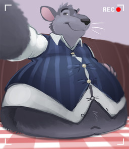 anthro belly big_belly button_(fastener) camera_view clothed clothing collared_shirt dress_shirt fur grey_body grey_fur hand_on_belly inside male midriff navel overweight overweight_anthro overweight_male recording shirt smile solo straining_buttons topwear vest whiskers bluescale_(artist) mammal murid murine rat rodent hi_res