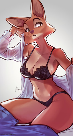 anthro big_breasts bottomwear bra breasts cheek_tuft cleavage clothed clothing eyelashes facial_tuft female fur grey_background lace lingerie midriff multicolored_body multicolored_fur navel open_mouth panties pants pink_nose red_body red_fur shirt simple_background sitting solo tan_body tan_fur teeth text topwear tuft two_tone_body two_tone_fur underwear undressing furlana dreamworks the_bad_guys diane_foxington canid canine fox mammal 2022 absurd_res artist_name digital_media_(artwork) hi_res shaded signature