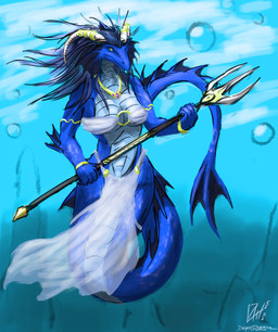 anthro apode armlet blind blue_body blue_scales bracelet breasts clothing disability female hair jewelry legless melee_weapon mermaid_tail navel necklace non-mammal_breasts non-mammal_navel o-ring polearm scales serpentine simple_background solo trident underwater ventral_scales water weapon dniprodragon mythology esmira draconcopode dragon mythological_creature mythological_scalie naga scalie absurd_res hi_res
