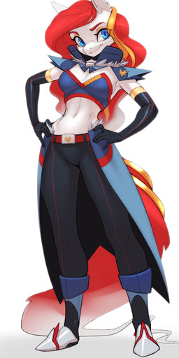 anthro armwear belt belt_buckle blue_eyes boots bottomwear breasts buckle clothed clothing crop_top ears_up elbow_gloves eyeshadow female footwear fur gloves hair hands_on_hips handwear head_tilt long_hair long_tail looking_at_viewer makeup medium_breasts midriff navel pants pose red_hair red_tail shirt shoes simple_background solo standing tail topwear uniform white_background white_body white_fur oughta nesana equid equine mammal absurd_res hi_res