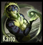 abs anthro biceps blue_body blue_fur displeased eyewear fur glasses green_body green_fur magic male markings muscular muscular_anthro muscular_male nude pecs pose solo stripes water bloodshot23 kaito felid mammal pantherine tiger 2012 character_badge_(artwork)