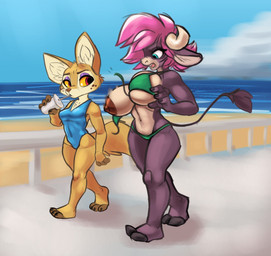 2_toes 3_toes anthro areola barefoot beach beverage big_breasts bikini blue_eyes blue_one-piece_swimsuit blue_sky bottomwear bra breasts brown_areola brown_fingers brown_nipples brown_toes cheek_markings claws clothed clothing cloven_hooves countershade_face countershade_neck countershade_torso countershading day duo facial_markings feet female fennec_ears finger_claws fingerless_(marking) fox_tail fur green_bikini green_clothing green_swimwear hair head_markings hooved_plantigrade hooved_toes hooves horn leotard markings nipples one-piece_swimsuit outside pink_hair plantigrade purple_body purple_eyelids red_eyes sand sea seaside sky snapping_bra swimwear tail tail_tuft tan_body tan_countershading tan_fur tan_inner_ear teal_eyes toe_claws toeless_(marking) toes topwear triangle_bikini tuft two-piece_swimsuit underwear wardrobe_malfunction water yellow_sclera siroc coco_(ramudey) farah_(siroc) bovid bovine canid canine cattle fennec_fox fox mammal true_fox 2019 digital_media_(artwork) hi_res
