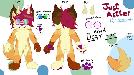 anthro eyewear front_view glasses heterochromia horn justaster male multiple_angles paws rear_view solo tail nyale0102 bovid canid canine caprine goat hybrid mammal absurd_res digital_media_(artwork) hi_res model_sheet