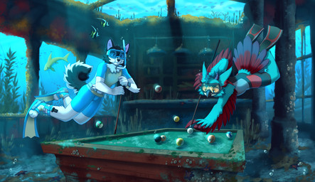 algae amber_eyes anthro ball beak billiard_ball billiard_table black_body black_fur blue_body blue_eyes blue_feathers boat clock clothed clothing detailed_background diving diving_fins diving_mask diving_suit duo eyewear feathers feral floating_object fur furniture goggles holding_breath horn inside knife knife_sheath light male mask multicolored_body multicolored_feathers multicolored_fur plantigrade playing red_body red_feathers smile snorkel swimming table text two_tone_body two_tone_feathers two_tone_fur underwater vehicle watch water watercraft white_body white_fur window ruddi asterozoan avian bird canid canine canis domestic_dog echinoderm fish husky mammal marine nordic_sled_dog shark spitz starfish 2025 artist_name hi_res lighting shaded signature