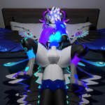 2_penises 2_tails anthro antlers bed blush butt furniture genitals hair horn lying male multi_genitalia multi_penis multi_tail on_back penis presenting shy solo tail wings loxthewicker lox_(loxthewicker) wickerbeast 3d_(artwork) digital_media_(artwork)