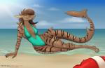 alternate_species anthro beach breasts brown_hair cleavage clothed clothing female hair long_hair looking_at_viewer lying medium_breasts non-mammal_breasts notched_ear on_side one-piece_swimsuit outside partially_submerged pose seaside smile solo swimwear wolfpsalm psalm_(wolfpsalm) fish marine shark 2019 pinup