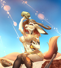 anthro clothed clothing female gun horn nipples outside ranged_weapon red_eyes sky solo tail water weapon wet zoy zahra_(airheart) antelope bovid gazelle mammal hi_res