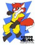 angular anthro black_eyes clothed clothing dipstick_tail fist fully_clothed fur gloves handwear male markings multicolored_tail pink_nose red_body red_fur solo tail tail_markings text toony white_body white_fur al_mackey canid canine fox mammal 1998 archived_source english_text signature