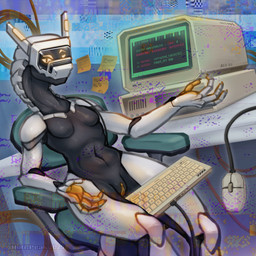 4_fingers anthro black_body breasts butt chair claws computer computer_keyboard computer_mouse detailed_background electronics feet female fingers furniture genitals glitch grey_body horn looking_at_viewer machine nude retro screen simple_background solo synthetic tail text vaginal visor vulva white_body wire bicikliszelep hofi-peak mythology leyla_(bicikliszelep) android dragon mythological_creature mythological_scalie robot scalie synth_(vader-san) 1:1 absurd_res digital_drawing_(artwork) digital_media_(artwork) hi_res