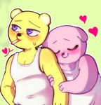 anthro biped blush duo eyes_closed heart_symbol hug humanoid_hands pink_body smoking yellow_body salmonkiwi unicorn_wars coco_(unicorn_wars) gordi_(unicorn_wars) bear mammal 2023 hi_res