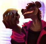 ambiguous_gender anthro bone brown_body brown_fur brown_hair claws clothing fur hair humanoid_hands jacket mane sharp_teeth skull smile solo teeth topwear xicheo drawfee_(copyright) jacob_fursona hyena mammal hi_res