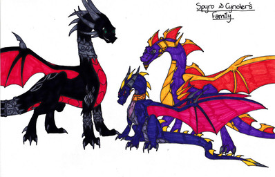 ambiguous_feral ambiguous_gender armband black_body black_scales canon_couple collar female feral green_eyes group horn male membrane_(anatomy) membranous_wings purple_body purple_eyes purple_scales red_eyes scales simple_background spikes tail text unsigned white_background wings unknown_artist activision mythology spyro_the_dragon corrupt_cynder fan_character spyro dragon mythological_creature mythological_scalie scalie character_name father_(lore) father_and_child_(lore) mother_(lore) mother_and_child_(lore) parent_(lore) parent_and_child_(lore)