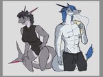 anthro blue_eyes blue_hair border bottomwear clothing duo eyewear female glasses grey_border hair horn long_hair male muscular muscular_male one-piece_swimsuit pink_eyes short_hair shorts simple_background swimwear whiskers litehase mythology hase_(litehase) lite_(litehase) dragon eastern_dragon fish marine mythological_creature mythological_scalie scalie shark