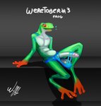 anthro balls big_balls blush clothing erection foreskin genitals long_penis male penis red_eyes sitting smile solo torn_clothing wyth weretober amphibian frog werecreature werefrog hi_res