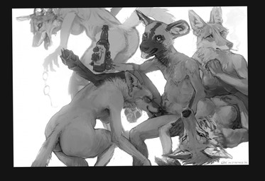 alcohol_consumption anthro bodily_fluids bottle breasts butt cigarette cigarette_in_mouth container eyewear fellatio female female/female glasses group harem holding_eyewear holding_glasses holding_object inner_ear_fluff looking_at_viewer looking_back male male/female medium_breasts neck_tuft nude nude_anthro nude_female object_in_mouth oral pawpads penile presenting presenting_hindquarters raised_tail saliva saliva_string sex simple_background tail tongue tongue_out tuft white_background everruler african_wild_dog canid canine canis coyote mammal hi_res monochrome