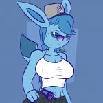 1:1 2018 anthro anthrofied blue_background breasts canid clothed clothing digital_media_(artwork) dittodotto eeveelution eyewear fan_character female generation_4_pokemon glaceon gun hair handgun hi_res looking_at_viewer mammal nintendo nipples pokemon pokemon_(species) pokemorph ranged_weapon simple_background solo standing sunglasses weapon