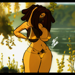 anthro big_breasts bikini black_bars breasts clothing dreadlocks female fur orange_body orange_fur outside piercing pube_peek pubes smile smiling_at_viewer solo standing swimwear thick_thighs two-piece_swimsuit wide_hips ferretfolk golden_week rydae_(ferretfolk) lagomorph leporid mammal rabbit 1:1 hi_res letterbox