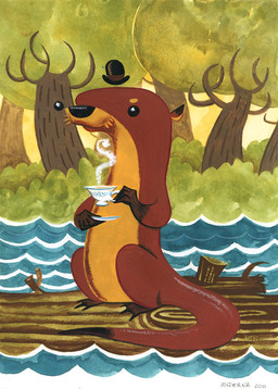 beverage clothing container cup detailed_background feral food forest hat headgear headwear log male nature outside plant river scenery solo standing tail tea tea_cup tree wood entdroid mammal mustelid otter
