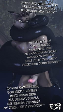ambiguous_gender anthro balls black_body black_fur black_highlights black_scales brown_body brown_fur brown_hair chest_scar coiling dialogue duo eye_scar facial_scar feral fur genitals hair highlights_(coloring) humanoid_genitalia humanoid_penis hypnosis hypnotic_eyes male mind_control multicolored_body multicolored_fur multicolored_hair nude_anthro nude_male penis restrained ringed_eyes scales scar text two_tone_body two_tone_fur two_tone_hair psikokinetic warfaremachine_(modeler) psiko_(psikokinetic) canid canine canis jackal mammal reptile scalie snake 2024 3d_(artwork) 4k 9:16 absurd_res digital_media_(artwork) english_text hi_res source_filmmaker_(artwork)