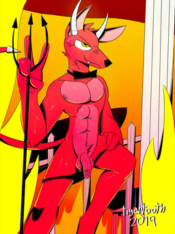 anthro balls blush bodily_fluids bow_(feature) bow_tie circumcised clothing fire flaccid fur genitals gesture hell holding_object holidays horn humanoid_genitalia humanoid_penis male melee_weapon navel nipples nude penis polearm simple_background smile solo sweat trident underwear undressing weapon tigertooth halloween canid canine canis demon domestic_dog mammal 2019 digital_media_(artwork) hi_res