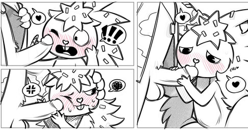 anthro balls blush blush_lines clothing duo erection exclamation_point female genitals glans heart_symbol male male/female penis penis_kissing ra-ta happy_tree_friends flaky_(htf) flippy_(htf) bear mammal black_and_white_and_red comic restricted_palette sketch