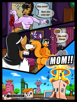 anthro bed big_breasts big_butt black_hair black_nose bodily_fluids bra breasts brown_body brown_fur butt caught_in_the_act clothing dialogue duo embarrassed explosion female fur furniture green_eyes hair humor looking_back mature_female nipples open_mouth orange_body orange_fur painting_(object) pornography question_mark recording shocked sky slightly_chubby slightly_chubby_female sound_effects speech_bubble sweat sweatdrop tail thick_thighs thong toony underwear mrtoastsandwich nickelodeon t.u.f.f._puppy to_be_continued_meme kitty_katswell mrs._katswell domestic_cat felid feline felis mammal 3:4 cel_shading comic hi_res meme shaded daughter_(lore) mother_(lore) parent_(lore)