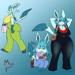 angry anthro belt beverage big_breasts big_butt blue_body blue_eyes blue_fur bottomwear breasts butt cleavage clothed clothing cross-popping_vein dialogue dipstick_tail duffel_bag eating eyelashes female footwear fur gloves hands_behind_head handwear legwear looking_at_viewer looking_away markings narrowed_eyes oversized_bottomwear oversized_clothing oversized_pants pants pointy_ears pokemorph pseudo_hair puffed_cheeks purse side_view socks soda solo tail tail_markings text thigh_highs toeless_footwear walking wide_hips donedoggo nintendo pokemon glace_(donedoggo) eeveelution generation_4_pokemon glaceon pokemon_(species) 1:1 2026 absurd_res digital_drawing_(artwork) digital_media_(artwork) hi_res spanish_text translation_request