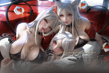 big_breasts bikini bodily_fluids bra breast_grab breast_rest breast_squish breasts clothed clothing cum cum_on_breasts cum_on_face cum_on_tongue female genital_fluids group hair hand_on_breast heart_symbol long_hair looking_at_viewer nipple_fetish nipple_outline nipple_pinch nipple_play nipple_pull open_mouth pinch red_eyes spade_tail squish swimwear tail tongue tongue_out trio two-piece_swimsuit underwear white_hair sakimichan helltaker cerberus_(helltaker) animal_humanoid canid canid_humanoid canine canine_humanoid cat_humanoid demon felid felid_humanoid feline feline_humanoid humanoid mammal mammal_humanoid