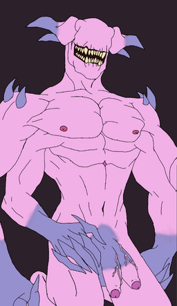 4_arms abs anthro balls eyeless flaccid genitals glans horn male multi_arm multi_limb multicolored_body multicolored_penis nipples not_furry pecs penis pink_body purple_body solo teeth vein veiny_penis wraith_05 mechat chewy_chews_(mechat) dream_creature monster hi_res