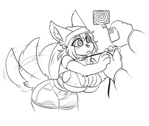 afterimage anthro big_breasts big_butt blush blush_lines breasts butt cellphone clothing collar disembodied_hand duo electronics female hat headgear headwear huge_breasts hypnosis leash mind_control mostly_offscreen_character nipple_outline open_mouth phone simple_background solo_focus spiral spiral_eyes standing tail tail_motion tailwag thick_thighs lunarspy canid canine canis domestic_dog mammal hi_res monochrome