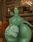 anthro big_butt butt butt_focus female green_body looking_at_viewer looking_back smile smiling_at_viewer solo microsoft the_elder_scrolls argonian humanoid reptile scalie hi_res
