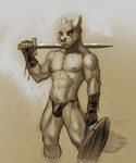 abs anthro armor athletic athletic_anthro biceps bottomwear bulge clothed clothing detailed_bulge dirty gauntlets genital_outline gladiator gloves handwear leather loincloth looking_at_viewer male mature_male melee_weapon muscular muscular_male muscular_thighs nipples pecs penis_outline scar shield skimpy solo straps sword thong underwear warrior weapon marsonaut canid canine canis mammal wolf 2023 5:6 hi_res