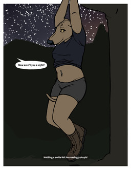 anthro black_clothing black_shirt black_t-shirt black_topwear boots border branch brown_boots brown_clothing brown_footwear clothing female footwear forest fur grey_clothing grey_panties grey_underwear hanging_by_arms inner_monologue navel navel_piercing night nipple_outline panties piercing plant shirt shoes sky solo speech_bubble star starry_sky t-shirt tail tail_between_legs tan_body tan_fur text thinking tiptoes topwear tree underwear white_border yellow_eyes oystr lily_(oystr) canid canine canis domestic_dog hunting_dog mammal sighthound english_text hi_res
