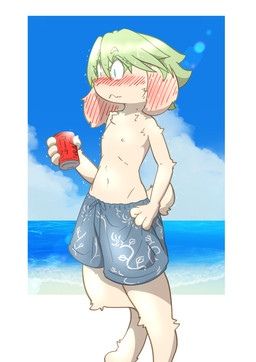 accident anthro blue_eyes blush breasts can casual_exposure clothed clothing container crossdressing embarrassed exposed_breasts exposing female green_hair hair nipples small_breasts solo swimming_trunks swimwear tomboy topless topless_anthro topless_female mttbsmn male_swimwear_challenge lagomorph leporid mammal rabbit absurd_res hi_res