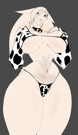 animal_print animal_print_bikini anthro armwear big_breasts bikini breasts clothed clothing collar cow_print cow_print_bikini cowbell curvy_figure elbow_gloves female floppy_ears fur gloves hair hair_over_eye hand_on_breast handwear hourglass_figure lop_ears pattern_bikini pattern_clothing pattern_swimwear scut_tail short_tail skimpy solo swimwear tail thick_thighs two-piece_swimsuit ventral_groove white_body white_fur thewyvernsweaver last_fables eni_siverets_(last_fables) hare lagomorph leporid mammal absurd_res hi_res