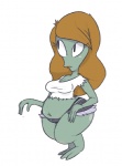 3_toes bottomwear breasts brown_hair cleavage clothed clothing denim denim_clothing feet female hair lipstick makeup not_furry shorts simple_background slightly_chubby solo thick_thighs thong toes torn_clothing underwear white_background unknown_artist american_dad roger_smith alien alien_humanoid humanoid roswell_grey