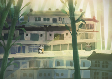 anthro backpack bamboo black_body black_fur building detailed_background duo fur house outside walking white_body white_fur araru bear giant_panda mammal 2020 absurd_res hi_res