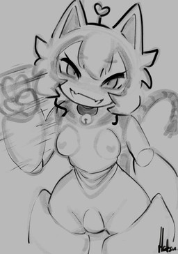 anthro breasts female gesture hand_gesture heart_nipples machine nipples open_mouth open_smile smile solo v_sign hatsumiilkshake android domestic_cat felid feline felis mammal robot 2023 greyscale hi_res monochrome