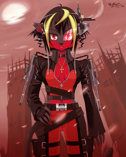 anthro belt black_body black_fur black_hair blonde_hair breasts claws cleavage clothed clothing collar collarbone cross cross_necklace female fur gun hair jewelry jumpsuit looking_at_viewer necklace ranged_weapon red_body red_eyes red_fur smile solo teeth text unzipped weapon zipper zipper_jumpsuit skykain felid mammal pantherine saper tiger 2010 english_text hi_res