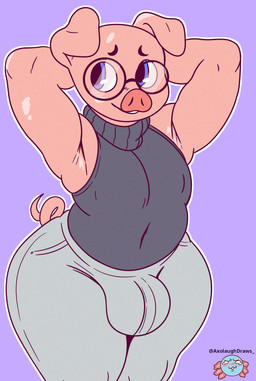 anthro armpit_focus big_bulge black_clothing black_shirt black_tank_top black_topwear bottomwear bulge clothing grey_bottomwear grey_clothing grey_pants hands_behind_head male pants raised_arms shirt shy snout solo tank_top tight_bottomwear tight_clothing topwear axolaugh domestic_pig mammal suid suine sus_(pig) hi_res tagme