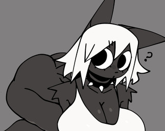 all_fours anthro arm_tuft big_breasts bottomless bottomless_anthro bottomless_female breasts cleavage clothed clothing collar female female_anthro fur grey_background grey_body grey_ears grey_fur grey_tail hair lying on_front question_mark round_eyes shoulder_tuft simple_background sleeveless_shirt solo spiked_collar spikes tail topwear tuft white_clothing white_hair white_sclera white_topwear xarop77 sheep_(xarop77) canid canine canis mammal wolf 2025