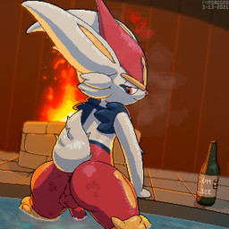 anthro anus backsack balls beer_bottle biped black_body black_fur black_markings black_tuft bottle breath butt container embers fence fire fur genitals heart_symbol humanoid_genitalia humanoid_penis looking_back male markings multicolored_body multicolored_fur partially_submerged penis perineum pink_nose presenting presenting_anus presenting_hindquarters red_balls red_body red_eyes red_fur red_markings red_penis red_perineum red_tuft smile smirk solo standing swimming_pool tuft water wet white_body white_fur white_tuft yellow_body yellow_fur yellow_markings yellow_tuft conditional_dnp phosaggro nintendo pokemon cinderace generation_8_pokemon lagomorph mammal pokemon_(species) 1:1 2021 dated digital_media_(artwork) hi_res pixel_(artwork) signature