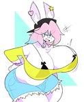 abstract_background anthro big_breasts blue_hair bottomwear bra breasts clothing emanata female fur hair huge_breasts multicolored_hair pink_hair shirt shorts topwear translucent translucent_clothing translucent_shirt translucent_topwear underwear white_body white_fur nonarycubed pb_(theycallhimcake) lagomorph leporid mammal rabbit absurd_res hi_res
