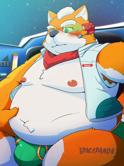 anthro belly big_belly blush briefs bulge clothing detailed_background male moobs nipples overweight solo space underwear white_body spacepanda nintendo star_fox fox_mccloud canid canine fox mammal 2026 3:4 hi_res