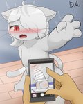 balls bottomwear clothing domestic electronics genitals grey_body hair hair_over_eye holding_object holding_phone male pants penis phone red_eyes shota tail taking_picture white_hair young young_male dream_maker810 tarte_(furrykeshin) domestic_cat felid feline felis mammal 4:5 absurd_res hi_res