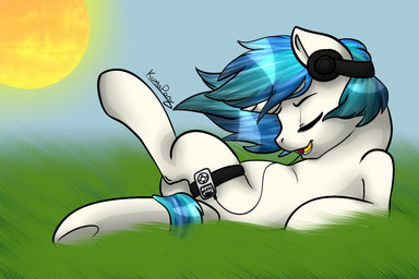 blue_hair electronics eyes_closed female feral fur grass hair headphones horn long_hair lying multicolored_hair music on_back open_mouth outside plant portable_music_player sky smile solo spread_legs spreading straps sun teeth tongue two_tone_hair white_body white_fur kumapony apple_inc. friendship_is_magic hasbro ipod my_little_pony mythology vinyl_scratch_(mlp) equid equine mammal mythological_creature mythological_equine unicorn 3:2